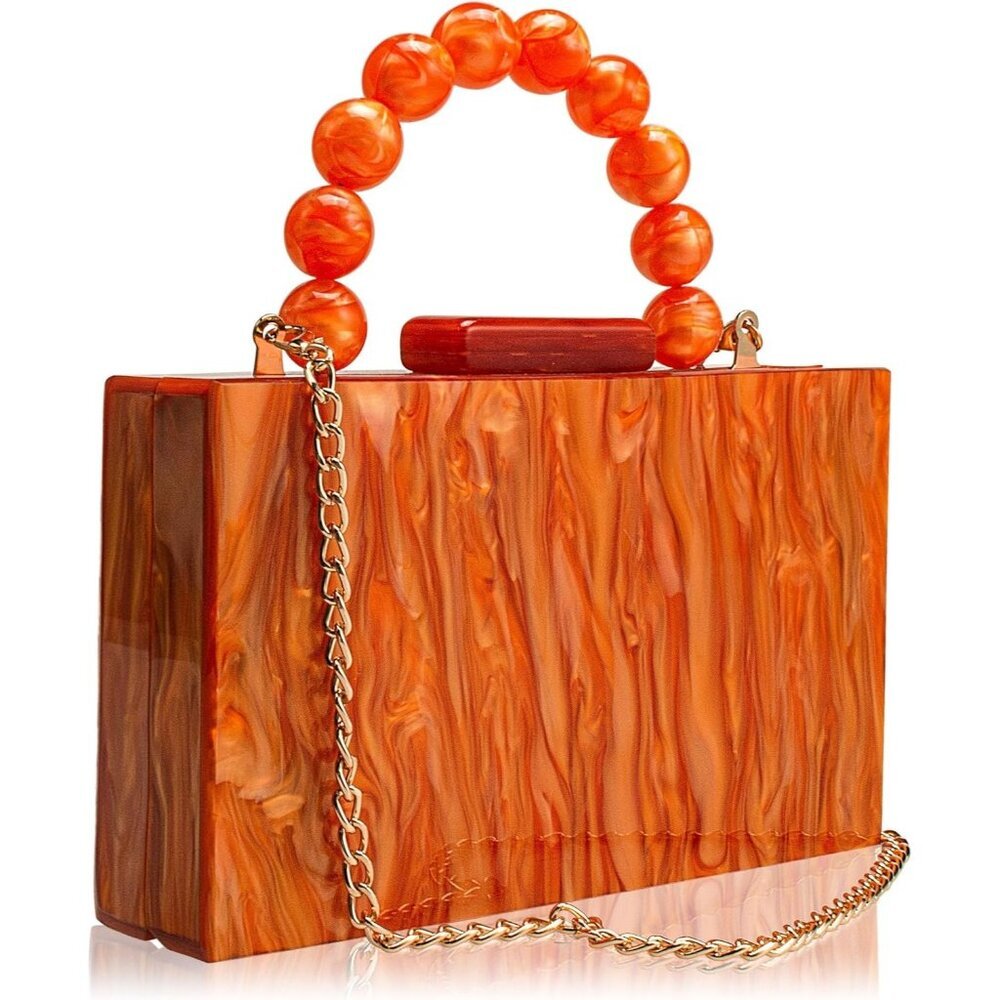 Women's Orange Acrylic Marbling Clasp Closure Formal Wedding Cross Body Clutch
